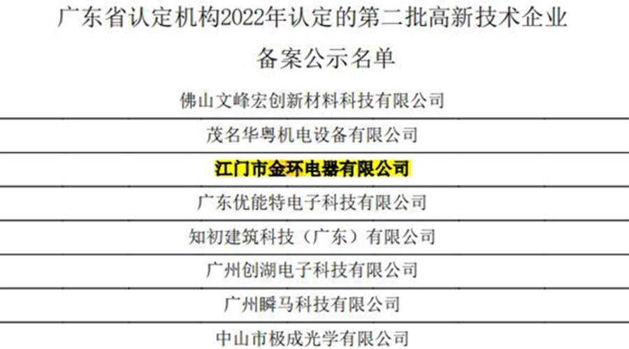 好消息！金環(huán)電器再次通過國家級“高新技術企業(yè)”認定